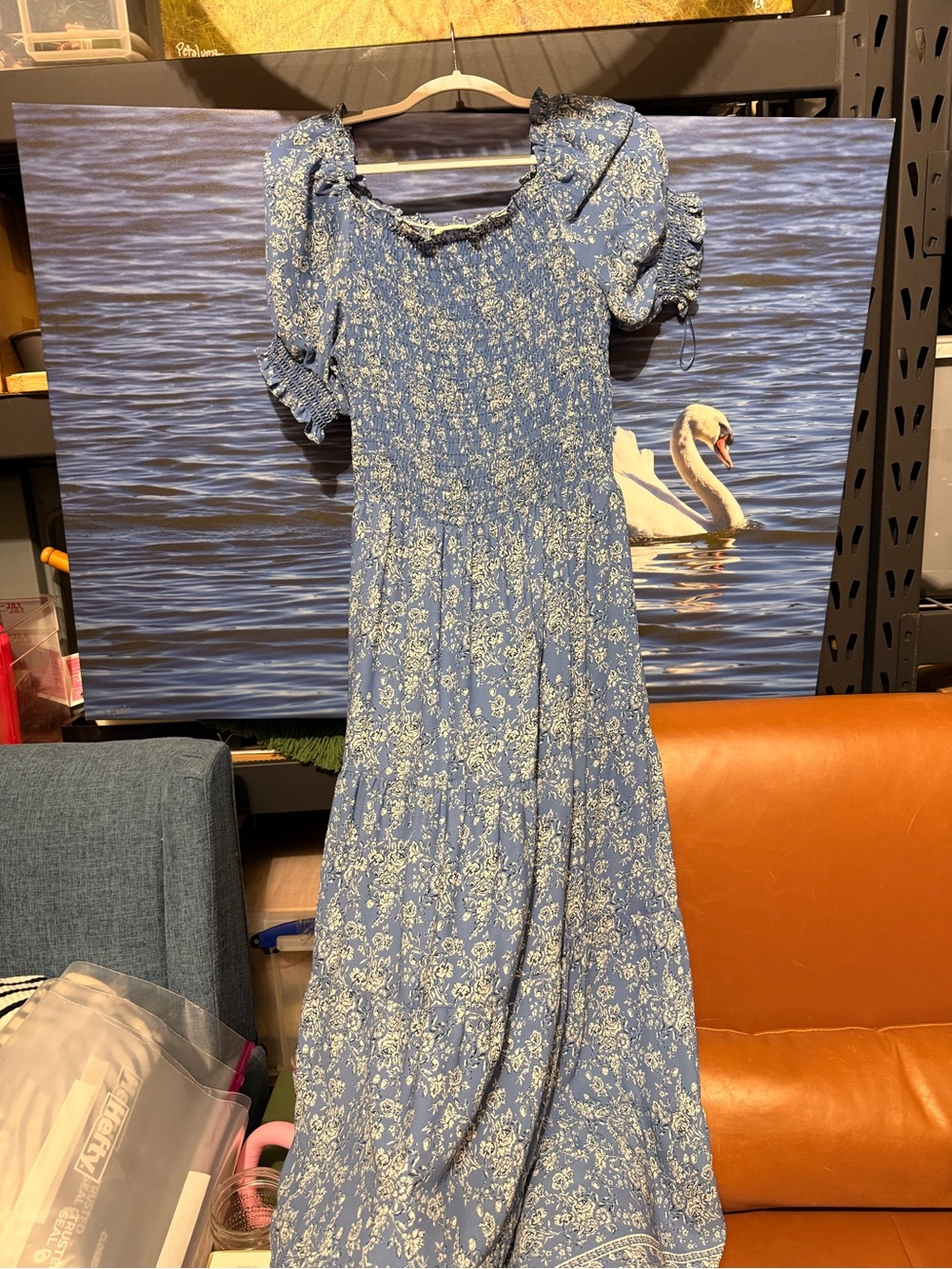 Max Studio Blue Floral Smocked Maxi Dress